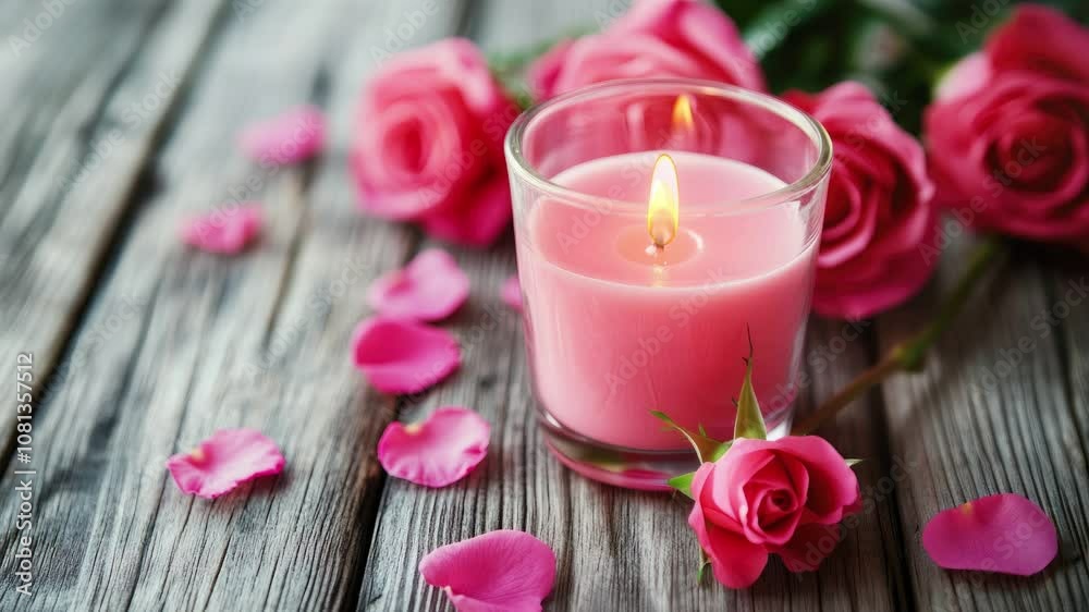 Pink Valentines Day Candle Surrounded by Pink Roses. Holiday Loop Pink Valentines Day Candle Surrounded by Pink Roses. Holiday Loop