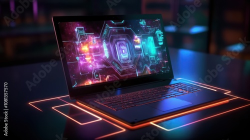 A sleek black laptop with a glowing screen showcasing a futuristic digital circuit board design. The laptop is illuminated by bright neon lights.