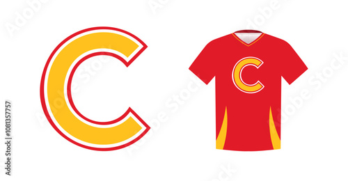 Bold yellow letter C with red outline, varsity sports emblem design on red athletic jersey. Ideal for sports team logos, college branding, athletic apparel. Vector illustration