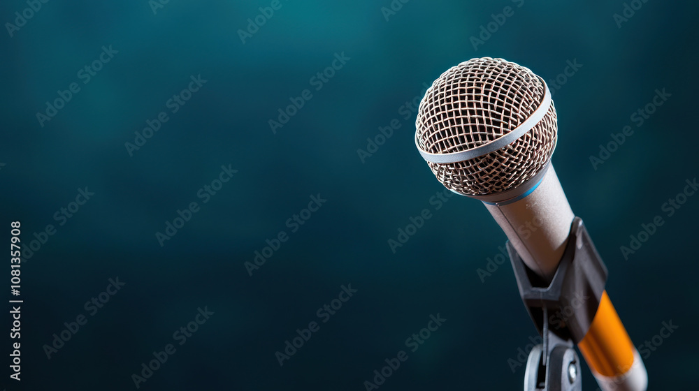 Microphone on stand with blurred background, ready for speaking Microphone on stand with blurred background, ready for speaking