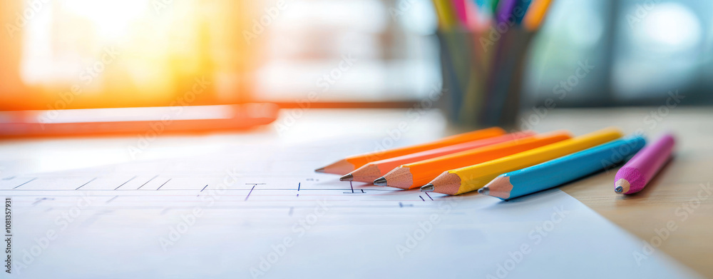 Colorful pencils arranged on desk with sketches and vibrant background Colorful pencils arranged on desk with sketches and vibrant background