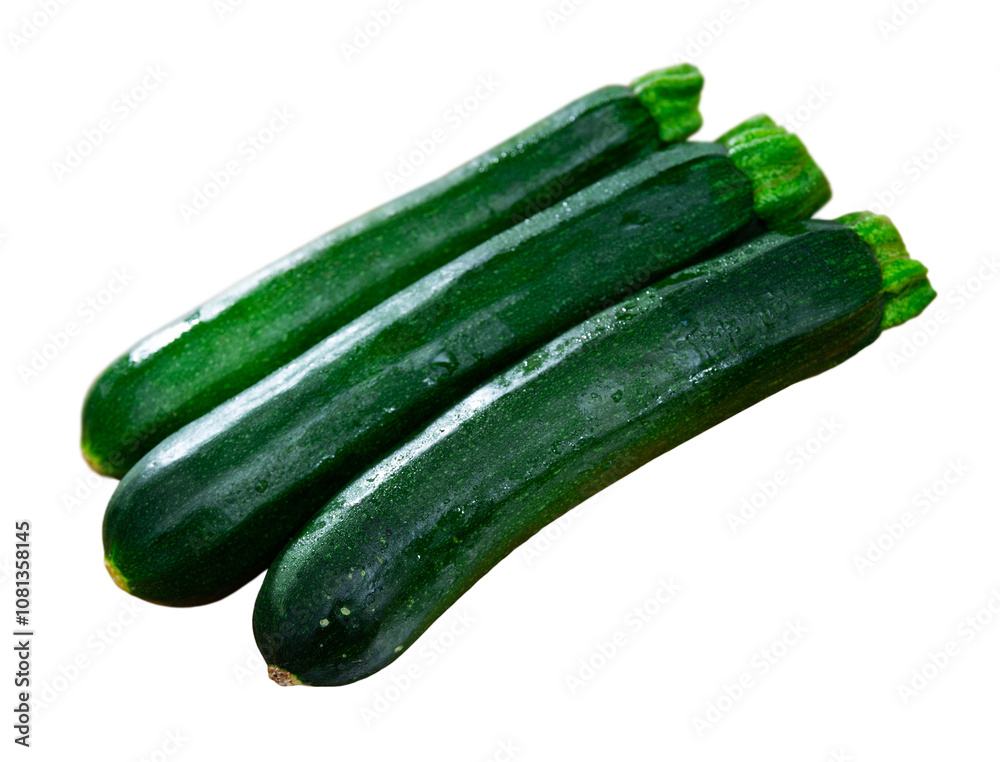There are several pieces of zucchini on cutting board, with dark green peel. Ripe vegetables, process of preparing vegetables for baking and stewing. Isolated over white background There are several pieces of zucchini on cutting board, with dark green peel. Ripe vegetables, process of preparing vegetables for baking and stewing. Isolated over white background
