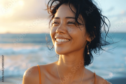 Smiling Asian Woman at Seaside with Gold Necklace