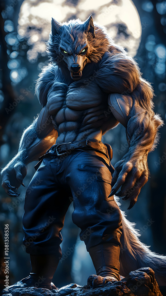 Fototapeta premium A Muscular Wolfman Stands Guard in a Dark Forest with a Full Moon Shining Above