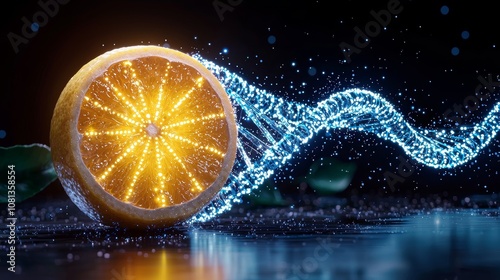 Surreal lemon with a radiant DNA structure inside, representing scientific study of fruit, bright bio-luminescent colors, sci-fi aesthetics photo