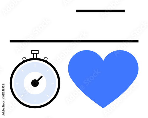 Stopwatch and blue heart symbol emphasized by black horizontal lines. Ideal for themes of fitness, health, love, punctuality, commitment, time management, motivation. Line metaphor