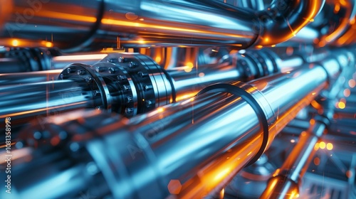 Industrial steel pipes with vibrant orange glow showcasing modern manufacturing and futuristic technology close-up
