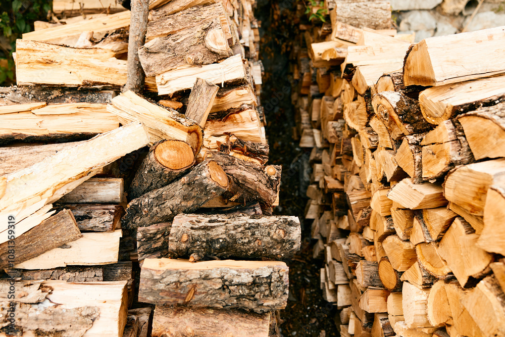 Naklejka premium Rustic firewood stack in front of traditional house with stone wall backdrop