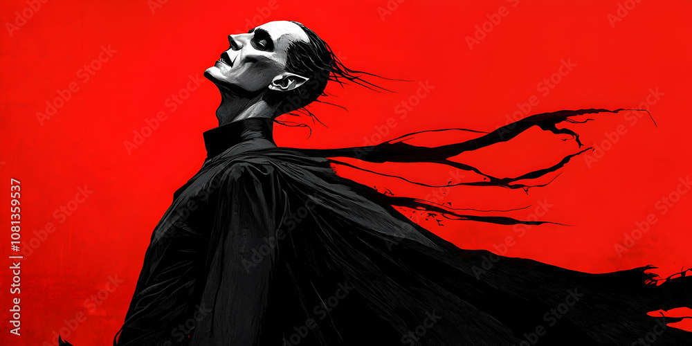 A Black-Clad Figure with Long, Flowing Hair Stands Against a Vibrant Red Background, Their Head Tilted Back A Black-Clad Figure with Long, Flowing Hair Stands Against a Vibrant Red Background, Their Head Tilted Back