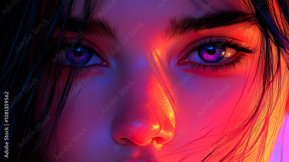 Close-up portrait of a woman's eyes with vibrant lighting. Close-up portrait of a woman's eyes with vibrant lighting.