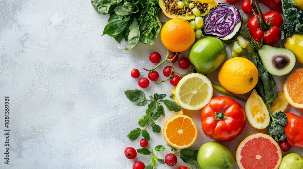 Assorted fresh fruits and vegetables on a textured white background Assorted fresh fruits and vegetables on a textured white background