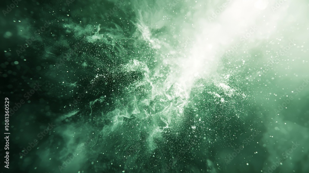 Fototapeta premium Energetic green powder burst, dynamic freeze, crisp white background, fine particles detail