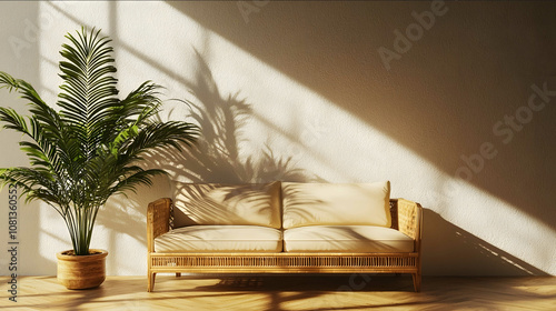 A wooden sofa with rattan weaving placed in the corner of an empty room with onle one big plant bathed in sunlight and casting long shadows on its surroundings In the sty photo