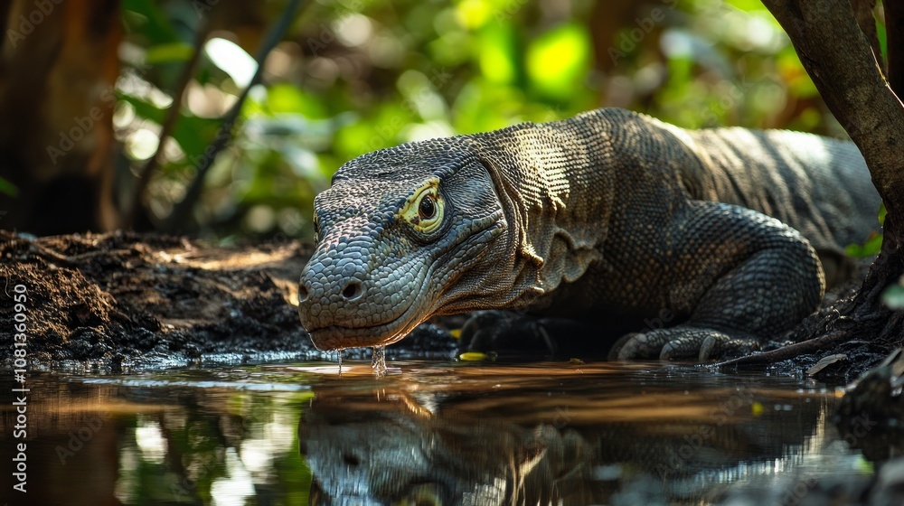 Obraz premium A Komodo dragon, a large lizard native to the Indonesian islands of Komodo, Rinca, Flores, Gili Motang, and Padar, drinks from a puddle in the forest.