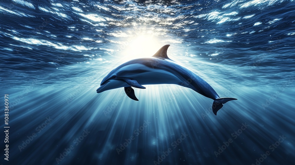 Fototapeta premium Energetic dolphin jumping high from deep blue ocean, sunlight glow, endless horizon