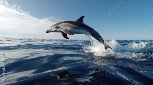 Joyful dolphin soaring into blue sky, waves crashing below, sunlight reflecting