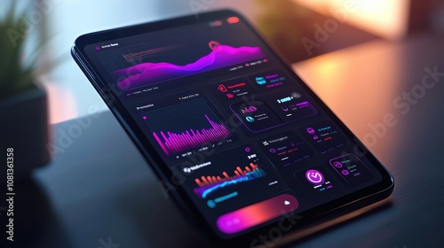 Modern app interface concept featuring a sleek and intuitive interactive dashboard with smooth animations and soft gradients in the background User-friendly icons and touch gesture photo