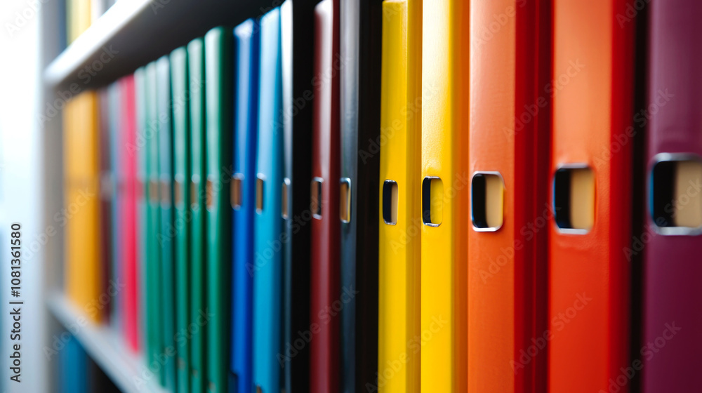 Colorful binders on a shelf. Colorful binders on a shelf.