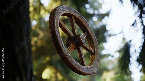 Wooden Wagon Wheel Falling in Motion, Rustic Country Scene, Traditional Farm Equipment, Dynamic Action Shot with Natural Details and Earthy Tones photo