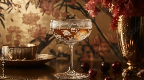 Wallpaper Mural Champagne coupe with floral etching, vintage glamour setting, art deco background Torontodigital.ca