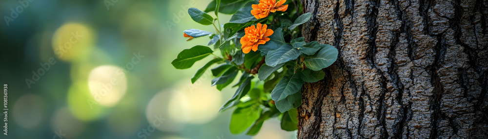 Closeup of Orange Flowers Blooming on a Tree Trunk with Green Leaves and a Bokeh Background Closeup of Orange Flowers Blooming on a Tree Trunk with Green Leaves and a Bokeh Background