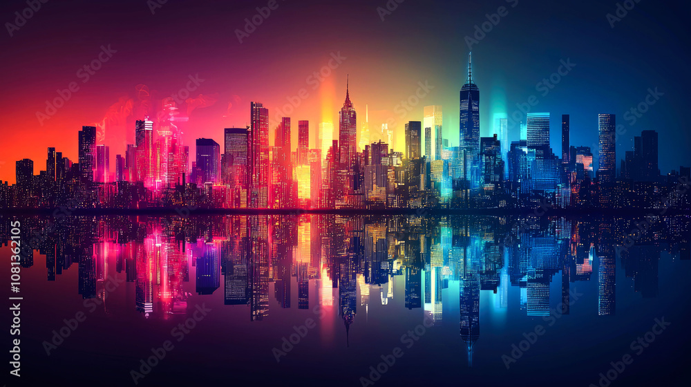Colorful city skyline reflecting in water. Colorful city skyline reflecting in water.