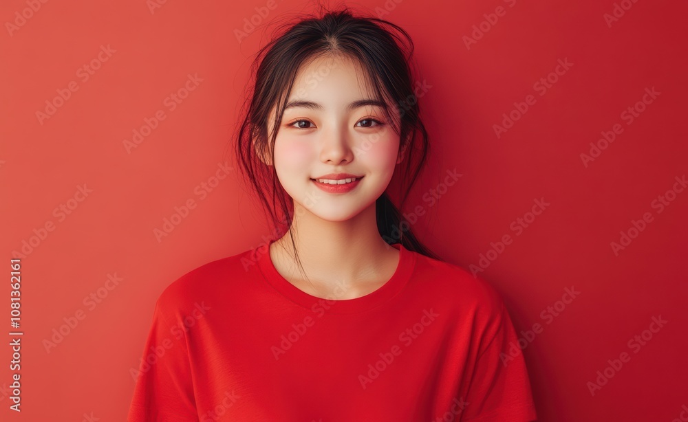 An Asian woman in a red attire stands against a matching red background, exuding warmth and friendliness, perfect for red-themed marketing campaigns.