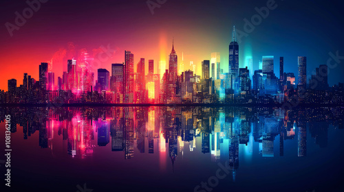 Colorful city skyline reflecting in water.