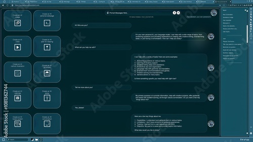 AI LLM chatbot software interface showing virtual assistant answering user prompts using predictive technology. Large language model program UI communicating with user through artificial intelligence