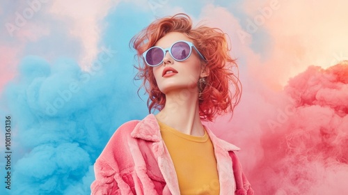 Fashion portrait of woman in pink jacket with pastel smoke background