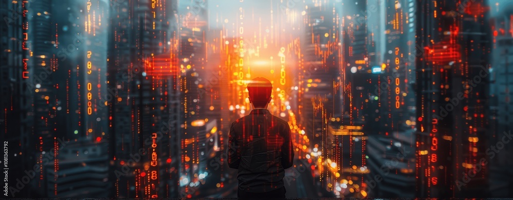 Businessman in Suit Facing Digital Stock Market Charts Over Skyscrapers at Night for Financial Success and Business Growth