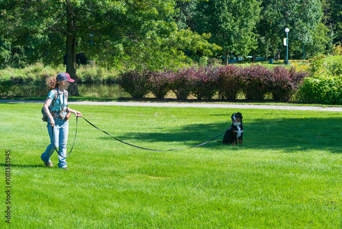 A woman training her baby mountain dog