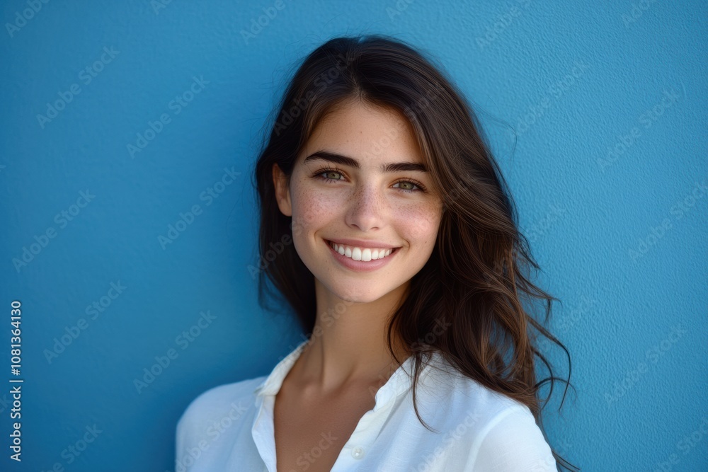 A Cute Caucasian woman with a radiant smile and white shirt stands confidently against a turquoise background, her charm and beauty shining through. A Cute Caucasian woman with a radiant smile and white shirt stands confidently against a turquoise background, her charm and beauty shining through.