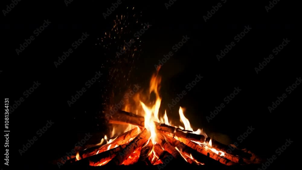 Vibrant campfire flames dance in night, illuminating outdoor space with warmth as sparks fly from crackling wood logs, creating cozy atmosphere. Vibrant campfire flames dance in night, illuminating outdoor space with warmth as sparks fly from crackling wood logs, creating cozy atmosphere.