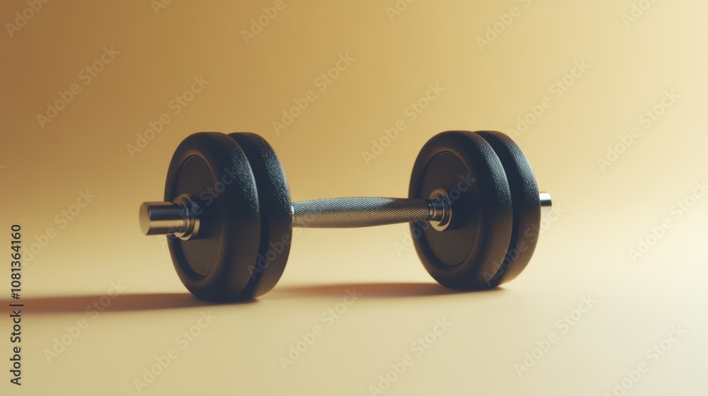 A black dumbbell weight isolated on a pale orange background. A black dumbbell weight isolated on a pale orange background.