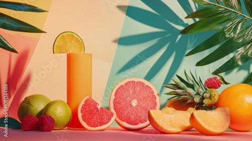 Fototapeta Naklejka Na Ścianę i Meble -  Colorful tropical fruits and juice on vibrant multicolor background