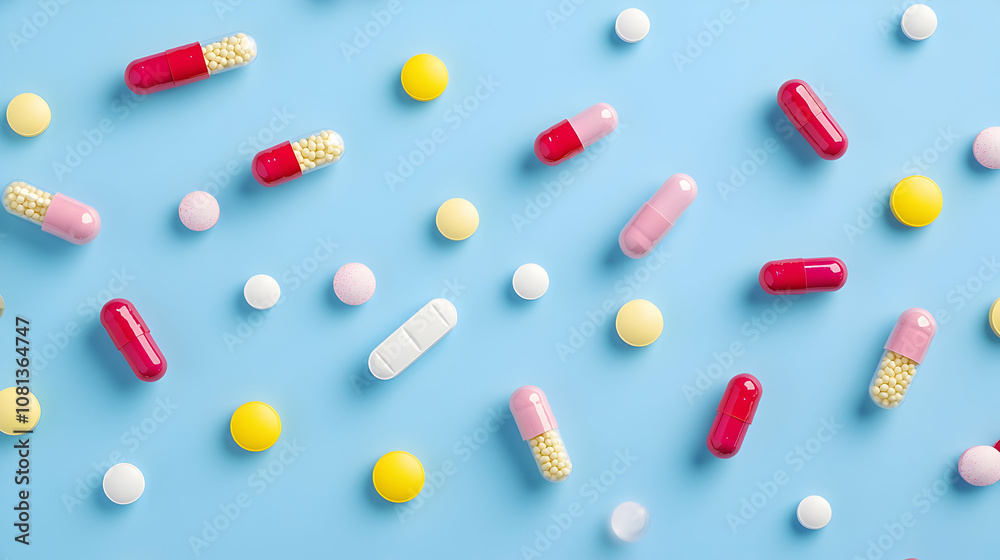 Colorful Capsules and Tablets Scattered on a Blue Background: A Detailed Pharmaceutical Illustration Colorful Capsules and Tablets Scattered on a Blue Background: A Detailed Pharmaceutical Illustration