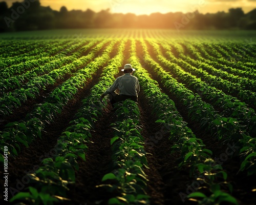 Farmer walking through a field at sunset. photo