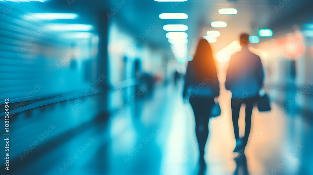 Blurred Image of Two Figures Walking Down a Modern Corridor with Blue Lighting Blurred Image of Two Figures Walking Down a Modern Corridor with Blue Lighting