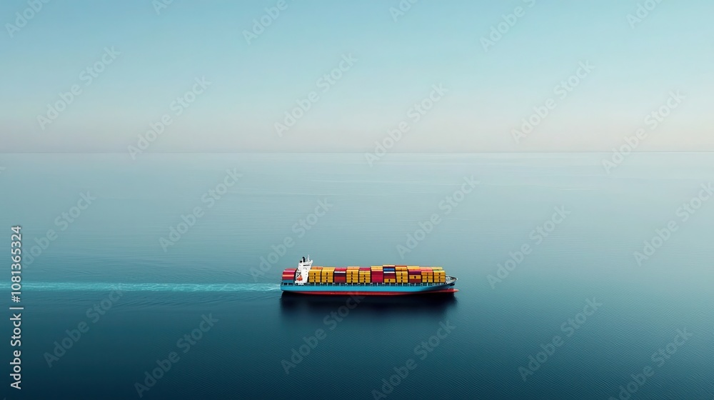 Container ship navigating calm waters ocean aerial view tranquil environment bird's eye perspective maritime trade Container ship navigating calm waters ocean aerial view tranquil environment bird's eye perspective maritime trade