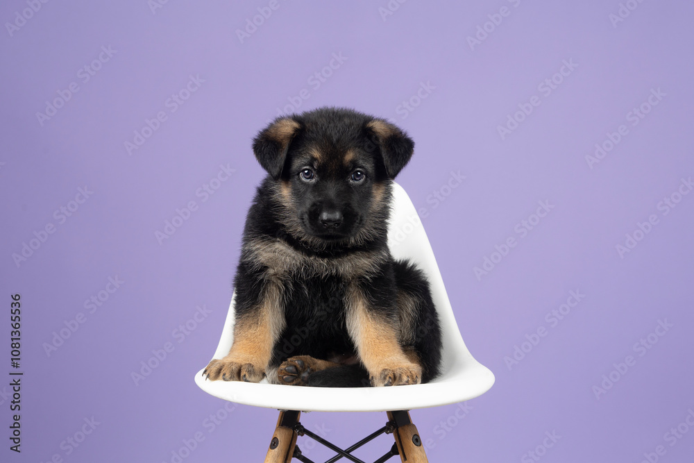 German Shepherd puppy on white chair with purple studio background looking into camera German Shepherd puppy on white chair with purple studio background looking into camera