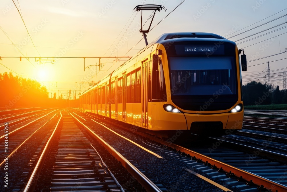 Naklejka premium A vibrant yellow train travels along the tracks at sunset, casting a warm glow over the scene while signaling the end of the day.