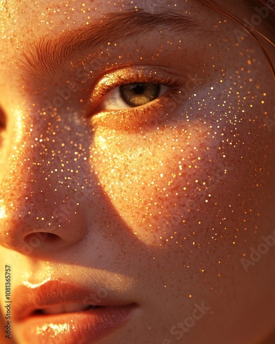 Close-up of a glitter-covered face in warm luminescent light photo