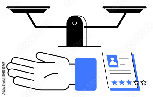 Balance scale, open hand, person document with star rating. Ideal for justice, evaluation, fairness, judgement, rating systems decision-making equality concepts. Line metaphor