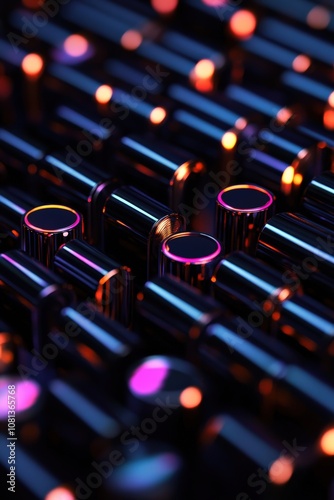 A close-up view of colorful knobs on a device, showcasing vibrant lights and shadows in an abstract arrangement.