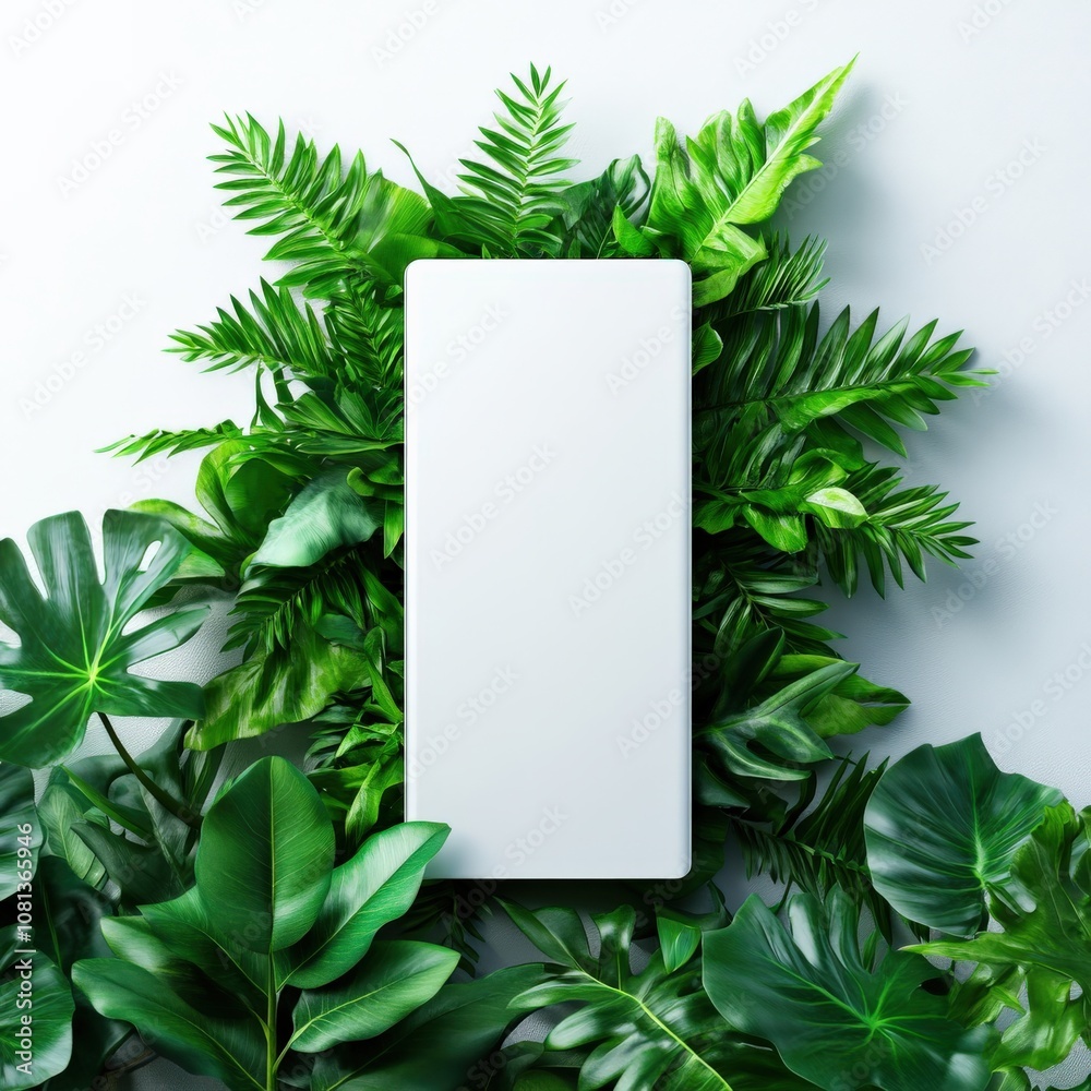 A minimalistic image of a blank rectangular surface surrounded by lush green leaves, evoking a natural and serene atmosphere. A minimalistic image of a blank rectangular surface surrounded by lush green leaves, evoking a natural and serene atmosphere.