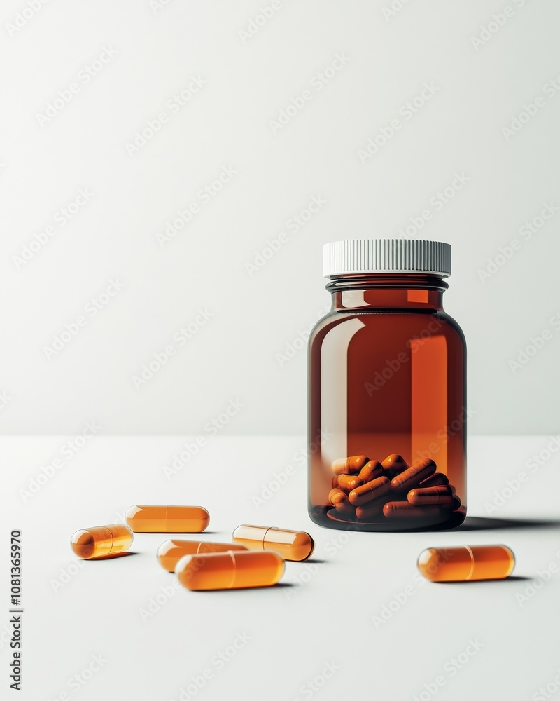 Amber pill bottle with capsules on a minimalist white surface Amber pill bottle with capsules on a minimalist white surface