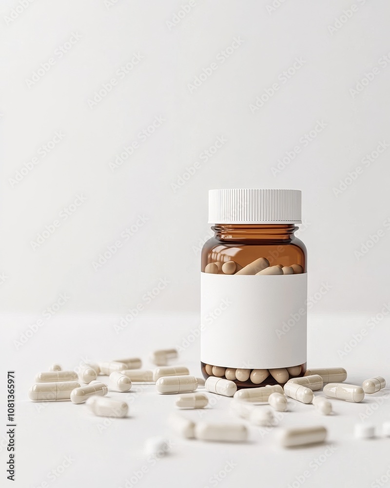 Minimalist image of a medicine bottle with scattered capsules on white background Minimalist image of a medicine bottle with scattered capsules on white background