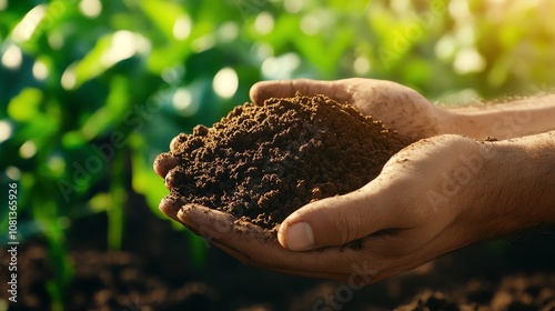 Hands holding rich soil in a field. photo