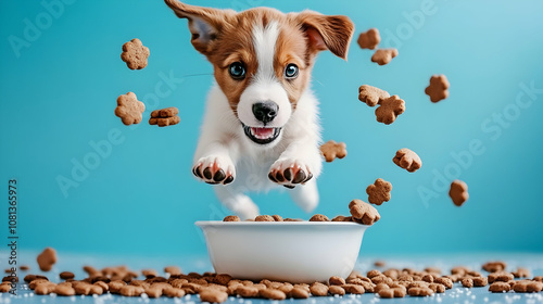 Playful Puppy Leaps for Treats, Joyful Dog Snack Time, Adorable Canine Airbound Action in Vibrant Blue Setting. photo